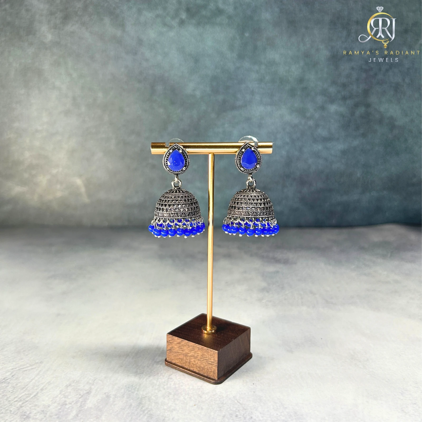 Blue Oxidised Jhumka Earrings