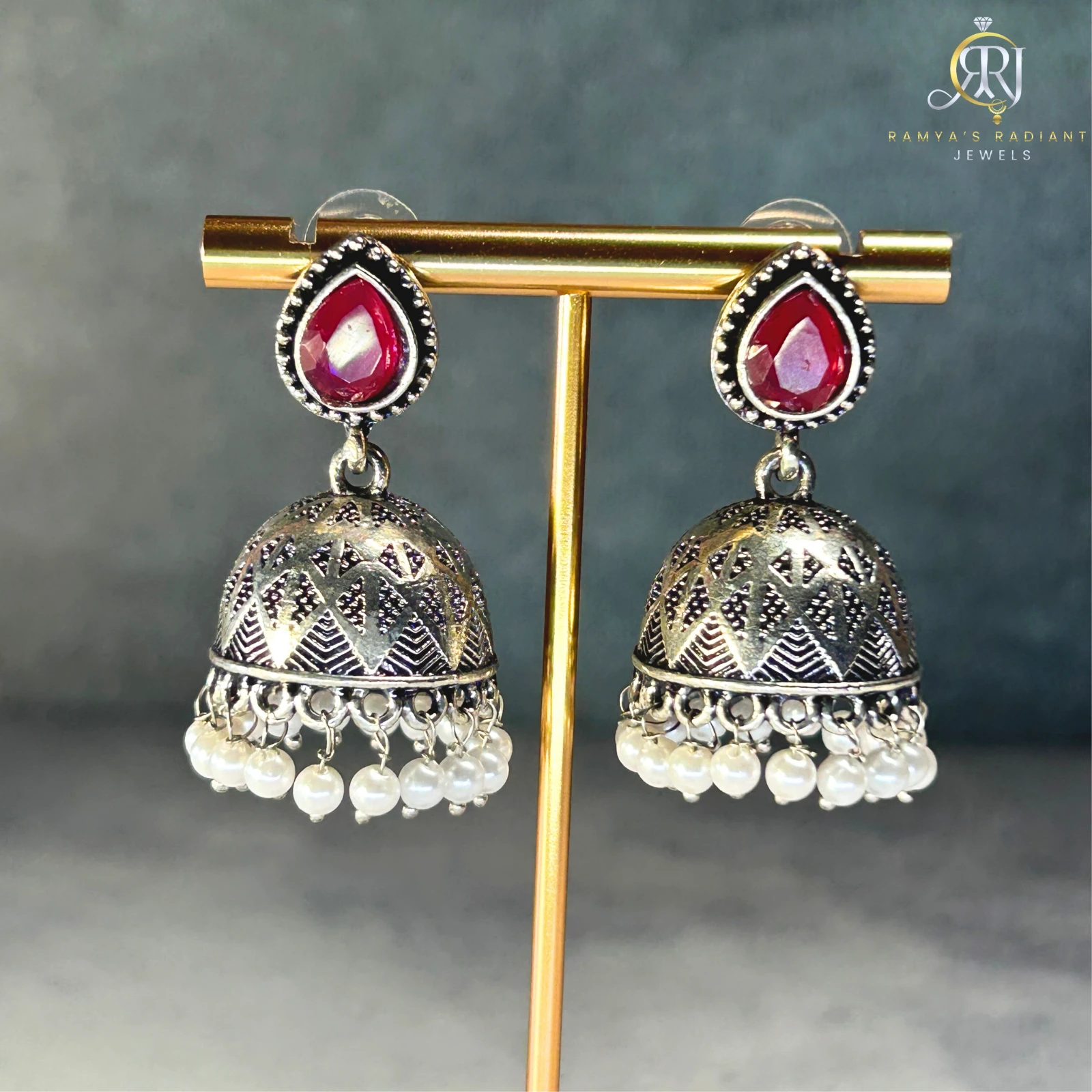 White Pearl Oxidised Jhumka thumbnail 2