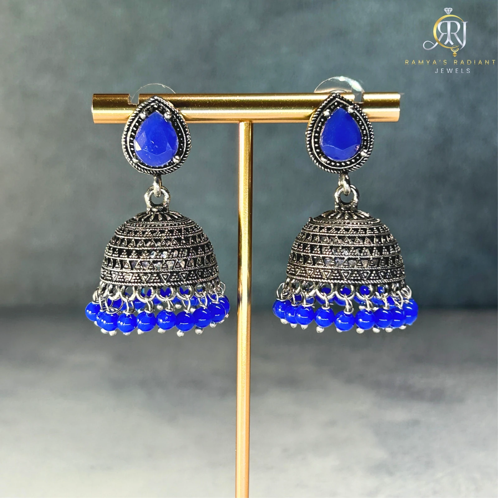 Blue Oxidised Jhumka Earrings thumbnail 2